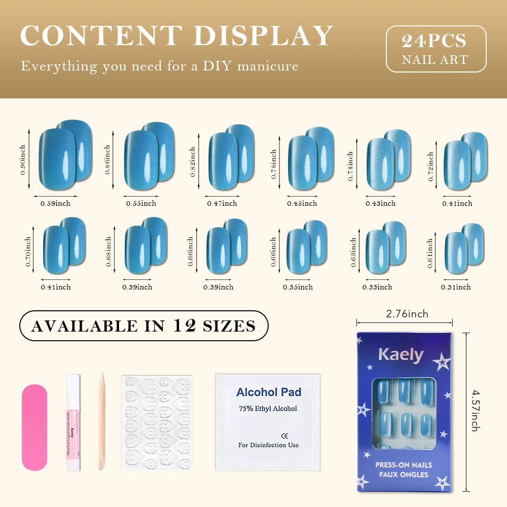 XZMeiLun Cat Eye Aqua Blue Press On Nails Medium Long Length Square, Designer Reusable Acrylic Fake Nail with Glue, Glossy Gel Nails Wedding Party, Stick On Glue On Nail, Nails Press Ons for Women