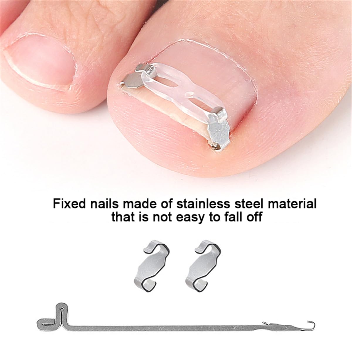Ingrown Toenail Correction Tool Set, 2 Stainless Steel Insert Clips Ingrown Toenail Treatment Elastic Silicone Strips Ingrowns Nail Corrector Patch Pedicure Tool Removal Kit for Curved Toe Nail Repair