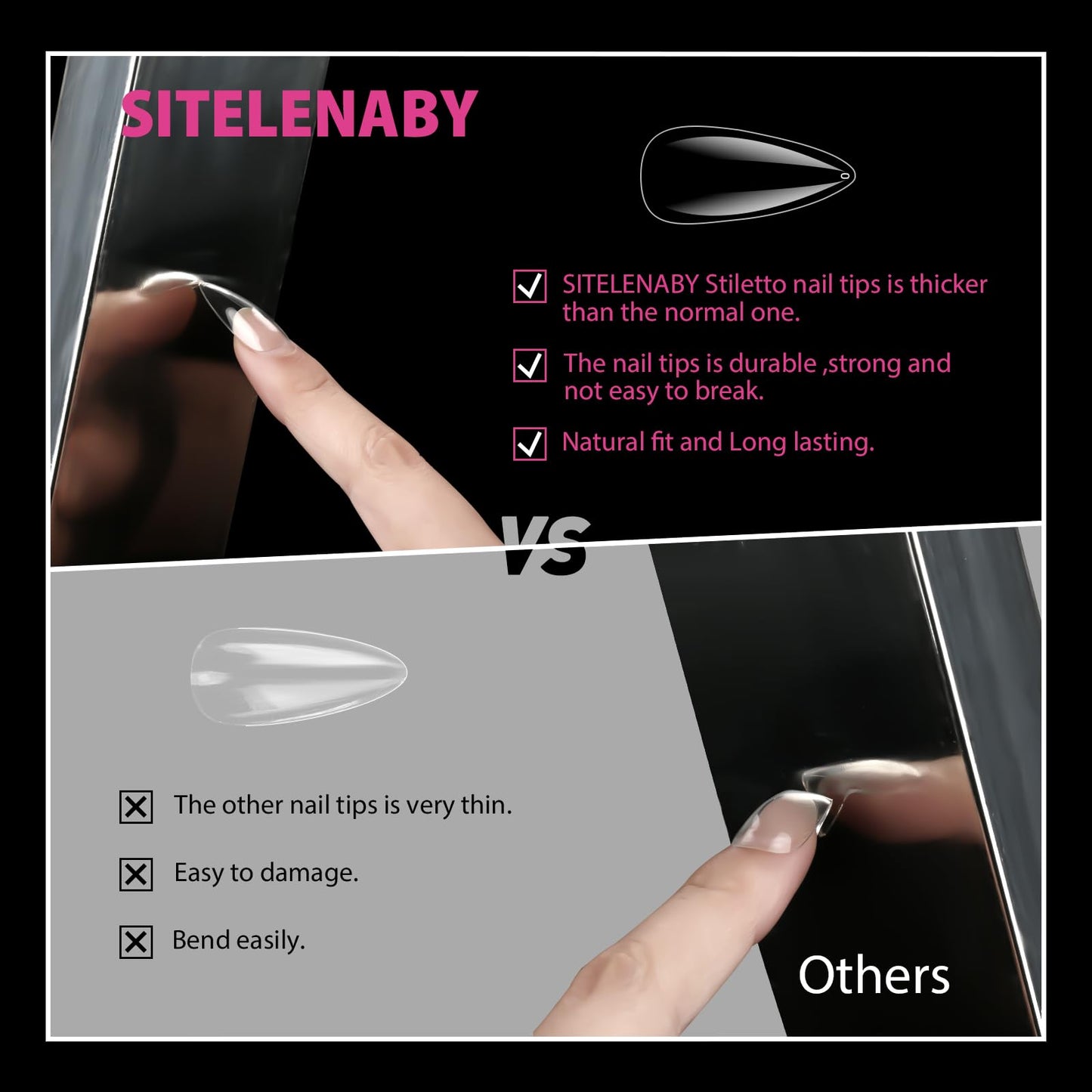 SITELENABY Natural Medium Stiletto Nail Tips - 600pcs Extra Thick Gel Fake Nails with Pink Box, Full Cover Acrylic False Press On Nails 15 Size 00-13,Perfect for Nail Begginers & Nail Tech DIY