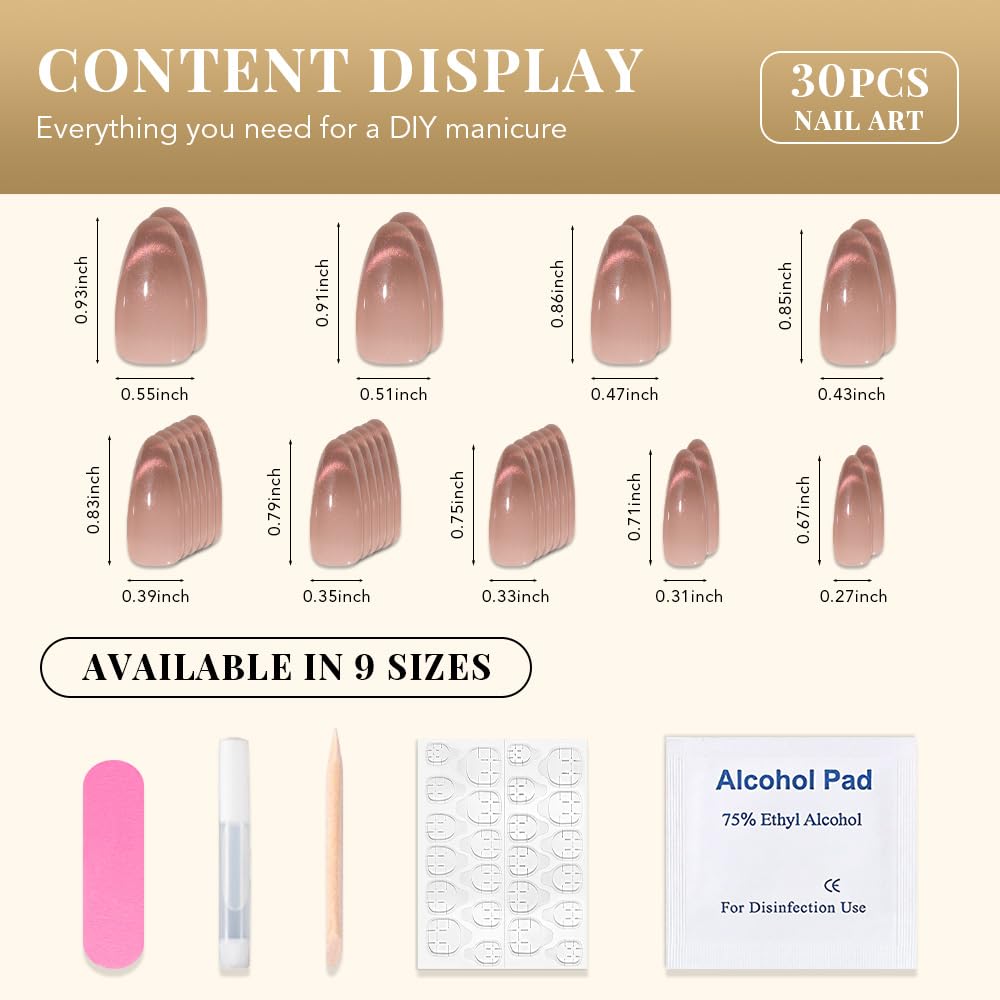 evpct Nude Brown Cat Eye Press on Nails Almond Medium, Medium Almond Stick on Nails for Women Gift, Iridescent Pink Smile Curve Metallic Glitter Reusable Gel Press on Acrylic Fake Nail with Designs