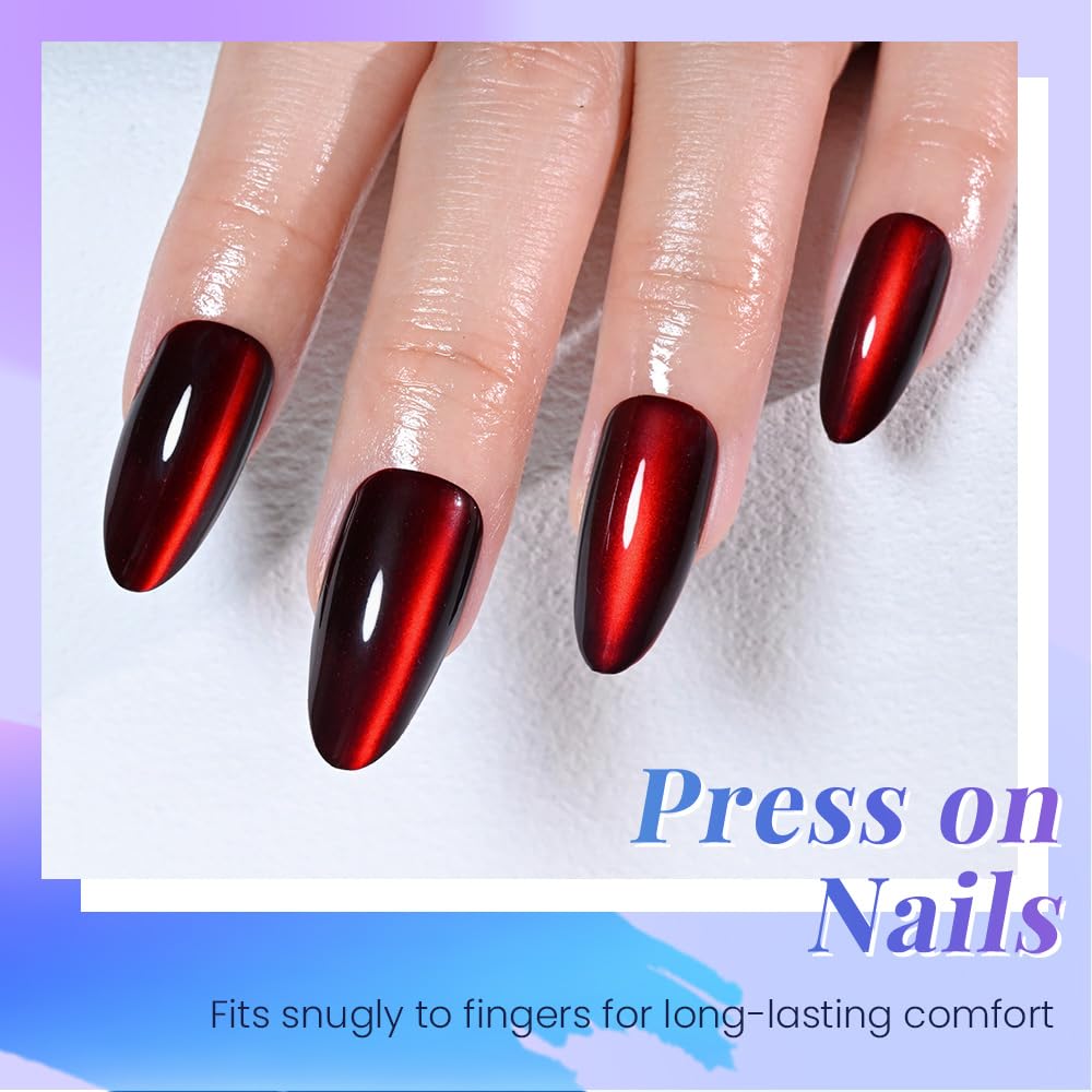 XZMeiLun Cat Eye Deep Red Press On Nails Almond Medium, Magnetic Acrylic Fake Nails Stylish Design, Salon-Quality Shiny Finish, Reusable Stick On Nails Kit for Women, Daily Wear (No Glue Included)