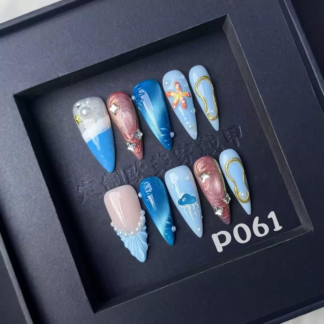 100% 5D Handmade Press on Nails with Charms Long Stiletto Nails Press ons Beach Ocean False Nails Ombre Blue Press on Nails Summer Fake Nails for Women Girls Daily Wear DIY Manicure Size L