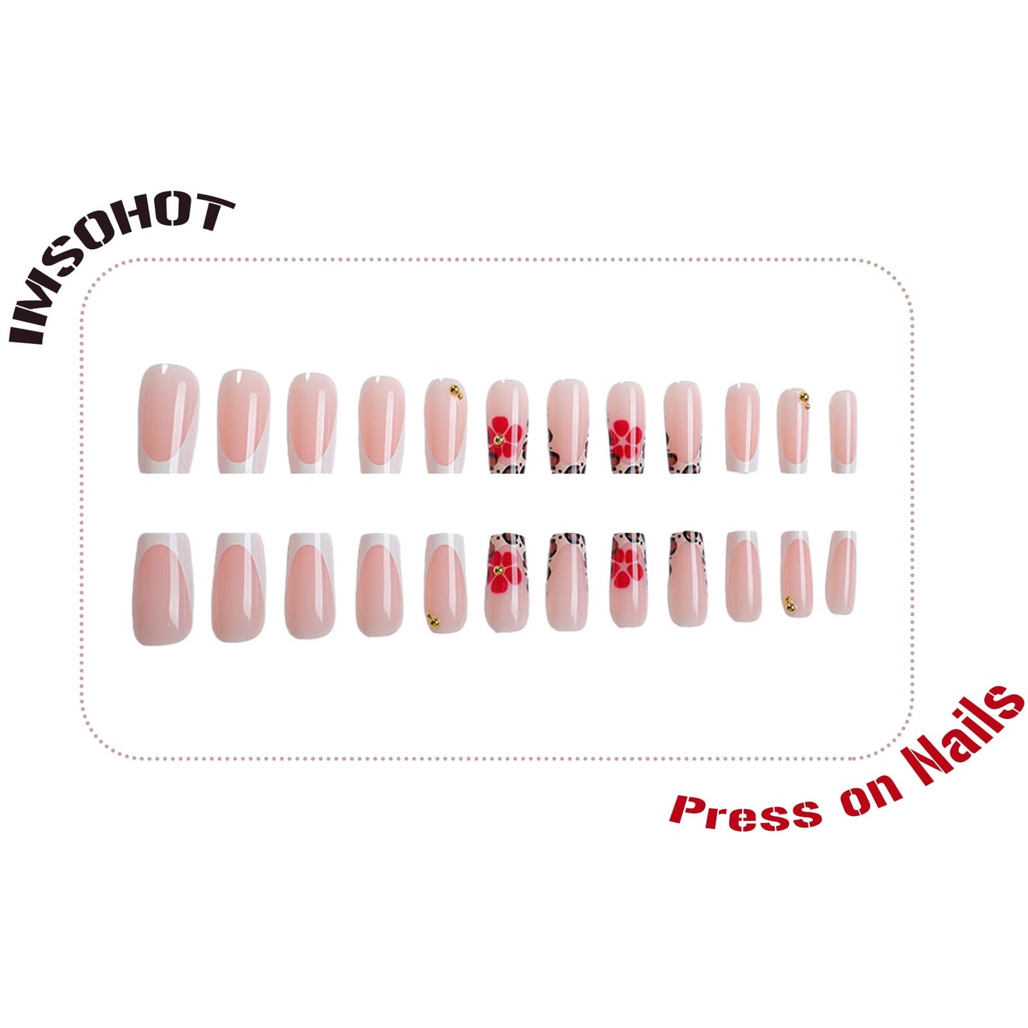IMSOHOT Press on Nails Long Square Fake Nails - Leopard Print French Tips, Red Flower, Glossy Acrylic False Nails Glue Stick on Nails for Women Girls DIY Manicure Supplies