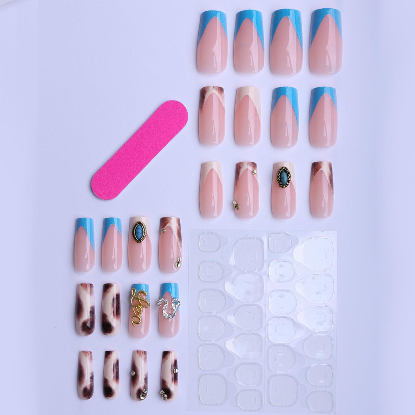 Octoswave Medium Square Press on Nails French Blue Leopard Print with 3D Turquoise Charms Bohemian False Nails for Women and Girls 24Pcs