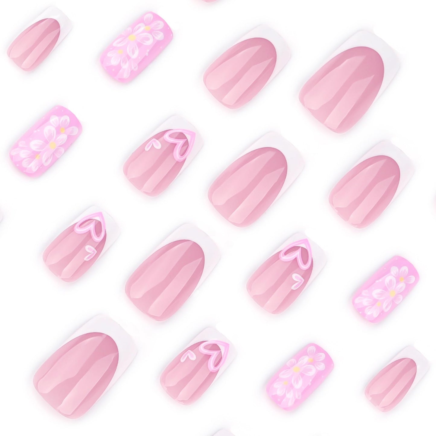 White French Tip Press on Nails Medium Square Fake Nails Stars False Nails with Flower Design Glue on Nail Pink Acrylic Nails Full Cover Stick on Nail for Women 24Pcs