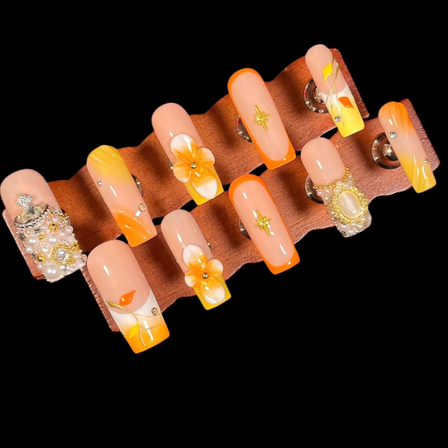Handmade Press On Nails Medium/Long Square – Orange & Yellow 3D Floral Design with Diamonds, Pearl Chains & Retro Accents | Reusable Acrylic False Nails Gift for Women & Girls (S size)