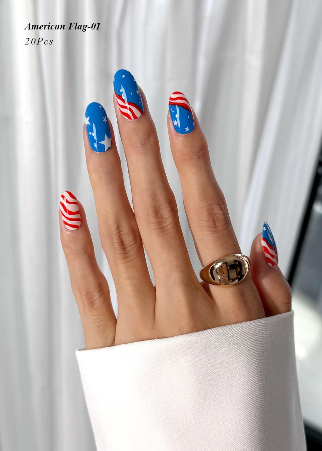 AutyaMee Semi Cured Gel Nail Strips (American Flag-01), 4th of July, 20 Pcs Gel Nail Wraps, Stickers, Salon Quality, Sun-Cured or UV-Cured