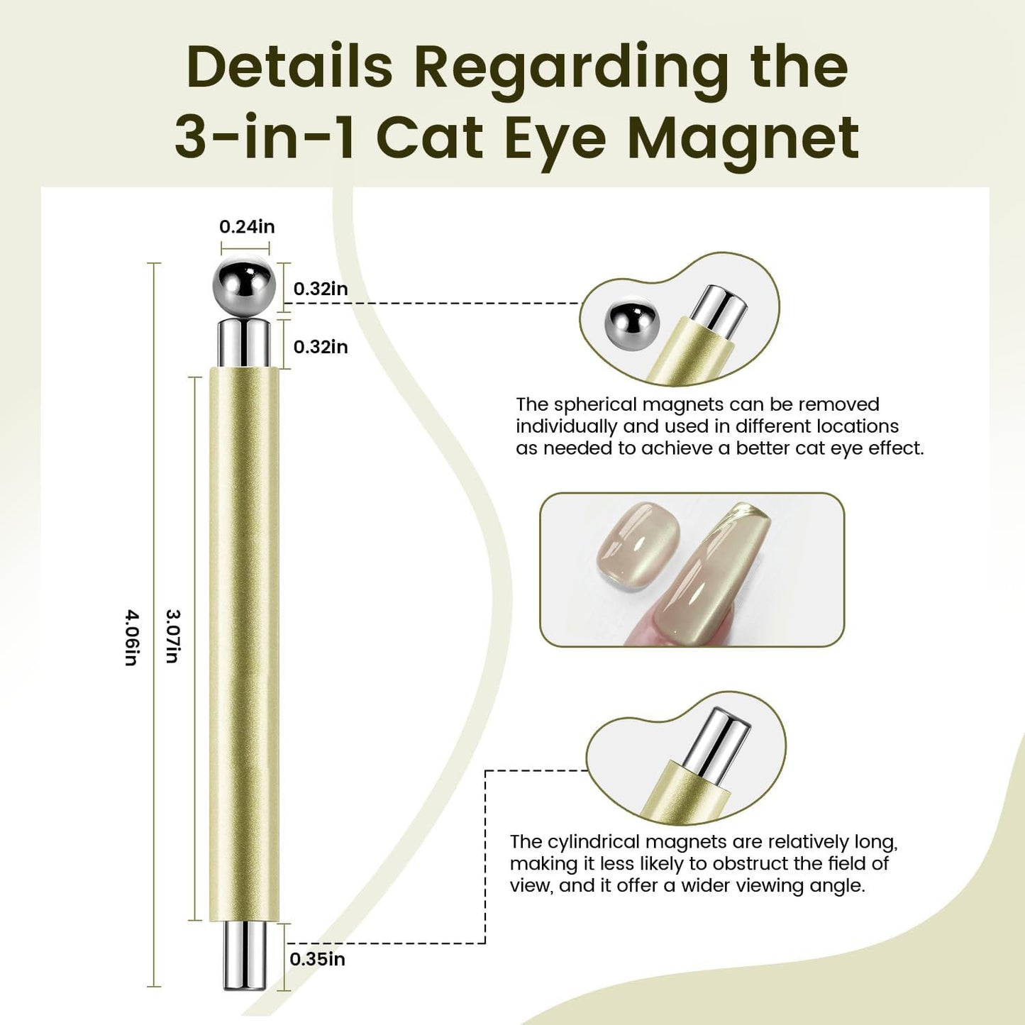 3-in-1 Cat Eye Magnet for Nails, Nail Magnet Kit with Cylindrical & Square Magnets & Nail Art Pen,Multi-Function Strong Magnet Tool for Cat Eye Gel Polish Design,DIY Magnetic Nail Art (Green)