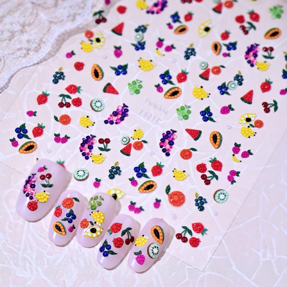 Fruits Nail Stickers Colorful Summer Nail Decals Cartoon Watermelon Banana Nail Designs Cute Jelly Gold Nails Supplies 5D Embossed Self Adhesive Red Yellow Sticker Decals for Women DIY Manicure 1Sheet