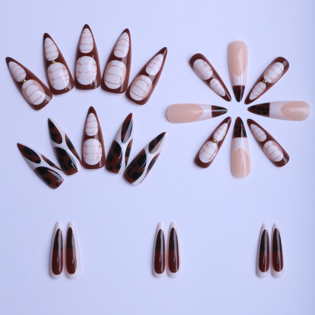 plalely Stiletto Press on Nails Long Brown Fake NailRugby Football Style Acrylic Nail Press ons Stick on Nails for Women 24pcs