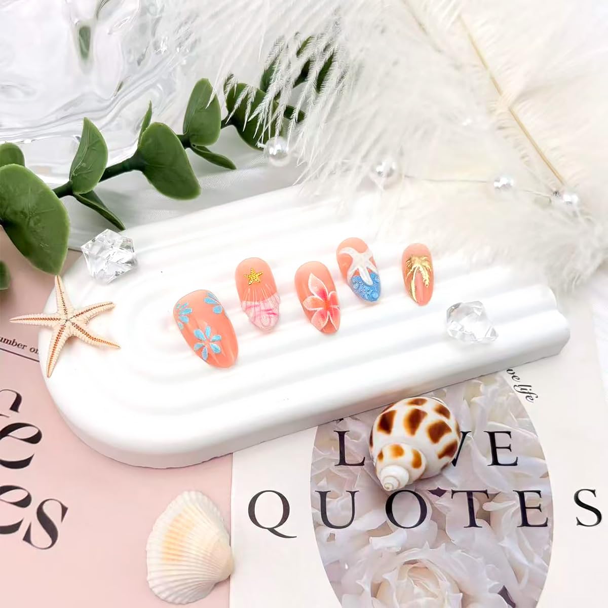 30Pcs Summer Press on Nails Medium Almond Fake Nails with Gilding Coconut Tree Design Blue Glitter French Tip False Nails Starfish Artificial Stick on Nails Full Cover Glue on Nail for Women Manicure