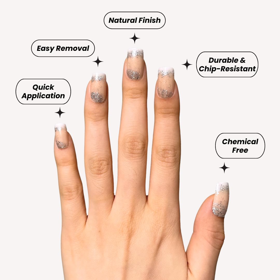 PerfectLook Press On Nails - Sparkle | No Glue One-Day Short Square Fake Nails, Nude Nails with Silver Glitter Tips - 24 Pcs Nail Kit with Adhesive Tabs