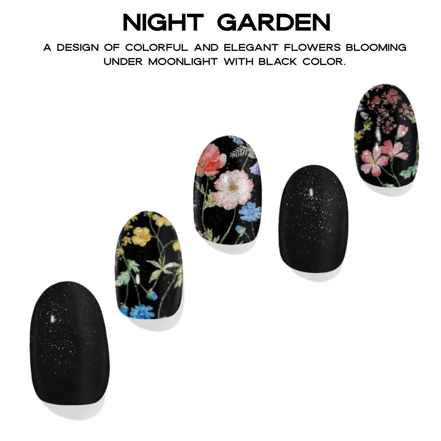Adora Couture Semi Cured Gel Nail Strips with 30 Pieces - Salon Quality Manicure Kit for Women Easy Application Wraps Includes Prep Pads Nail File Wooden Stick, UV Light Required (Black Garden)