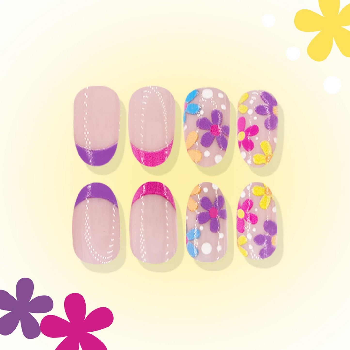Short Almond Press on Nails Flower Fake Nails with design French Tip Press ones Orange Purple Pink False Nails Glossy Full Cover Summer Stick on Nails Reusable Glue on Nails for Women Beach Nails24pcs