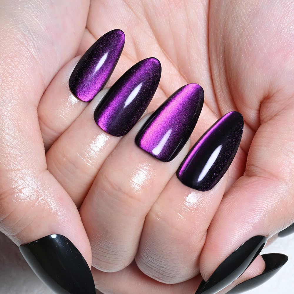 XZMeiLun Cat Eye Purple Press On Nails Almond Medium, Magnetic Acrylic Fake Nails Stylish Design, Salon-Quality Shiny Finish, Reusable Stick On Nails Kit for Women, Daily Wear (No Glue Included)