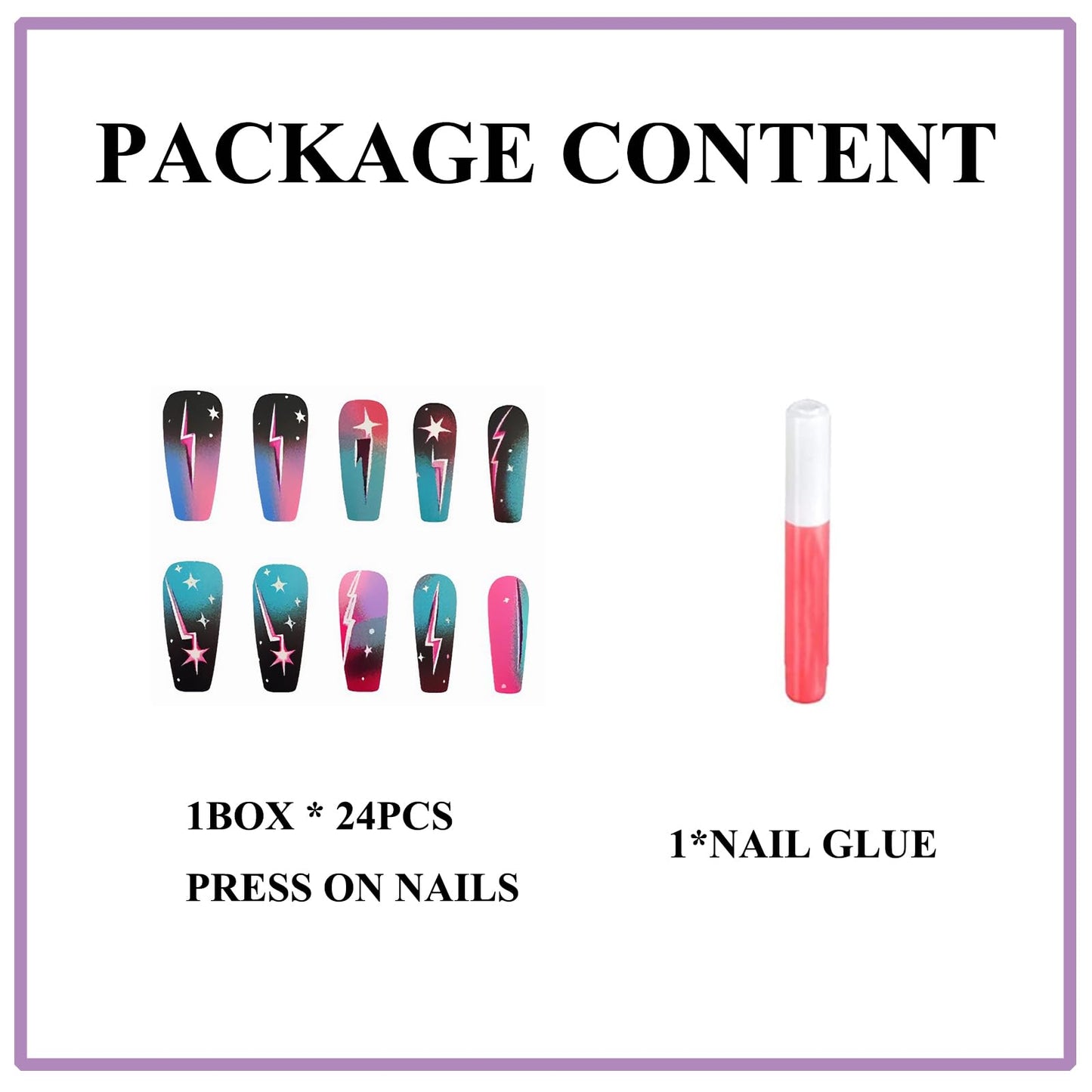 MERVF Coffin Press on Nails Long Fake Nails Colorful Starry Sky Glue on Nails Flash Design Gradient Ballerina Acrylic Ombre False Nail Matte 24pcs