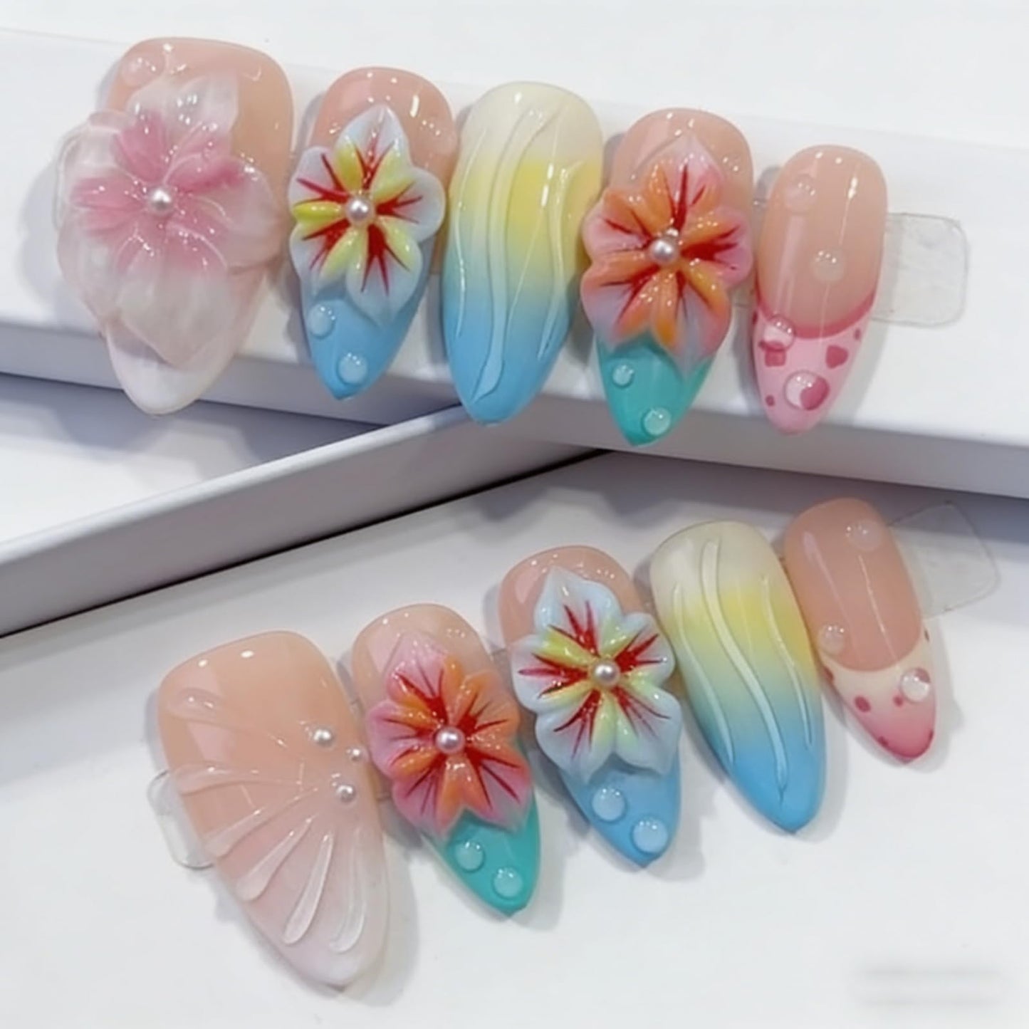 Floral Handmade Medium Almond Press on Nails Nude Pastel 3D Floral Gradient Wave Pearl Details Glossy Finish Reusable Spring Nails Easy Apply Fashion Wear Durable Trendy Women Girls Nail Art 24 Pcs(S)