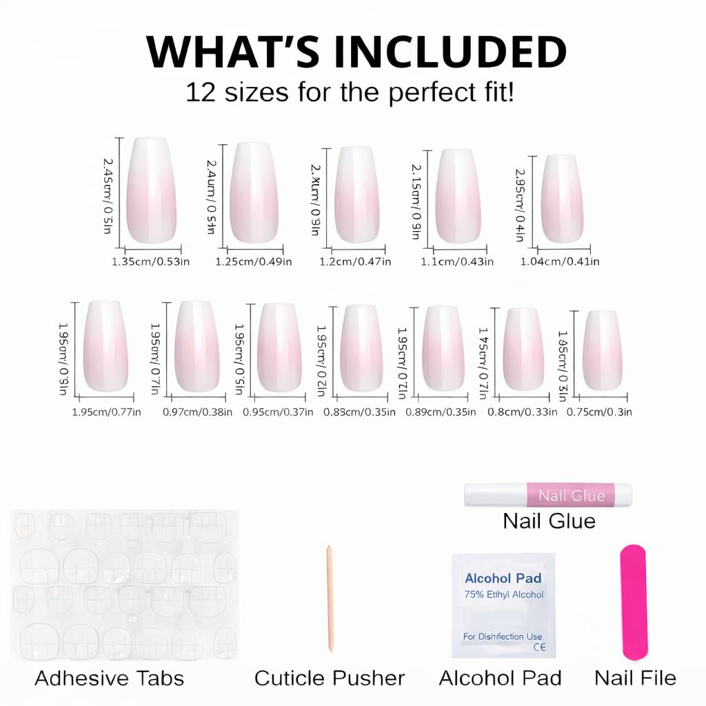 The Beauty Palace Fade Pink White Ombre Coffin Press On Nails – 24pcs Long Glossy Fake Nails with Glue, Adhesive Tabs, Nail File, Cuticle Pusher & Alcohol Pad