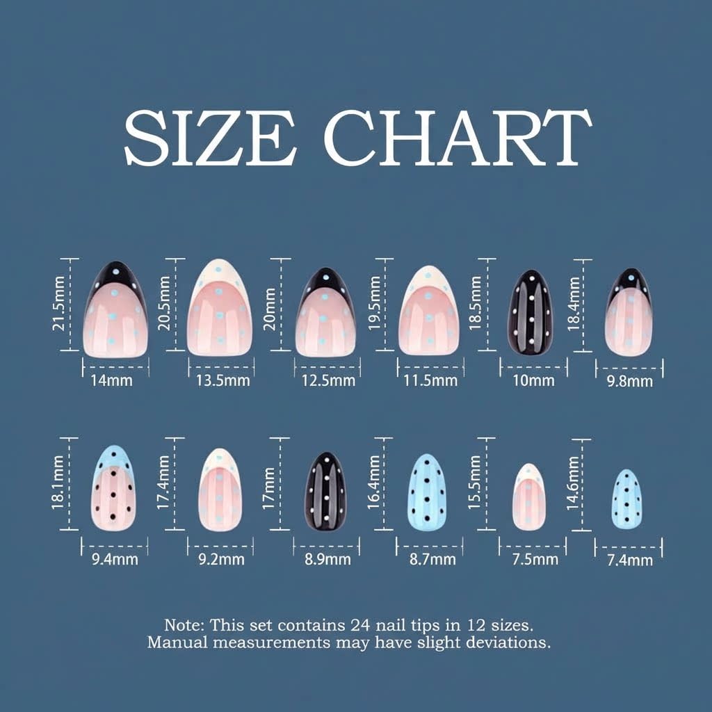 French Polka Dot Press On Nails, Medium Almond Shape, Black White Blue Colors, Waterproof Long Lasting, with Strong Glue & Adhesive Tabs, 24Pcs 12 Sizes, All-in-One Manicure Kit for Women by Nailinism