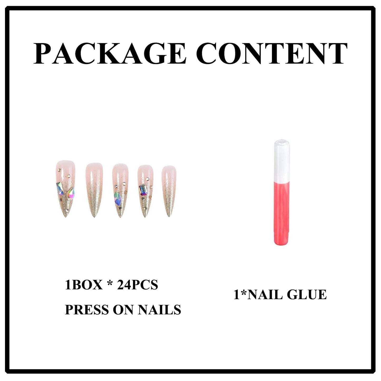 MERVF 24Pcs Long Stiletto Press on Gold Glitter French Tip Fake Nails with Ombre, Rhinestones Design Glue ons Acrylic Luxury Glossy Finish Manicure