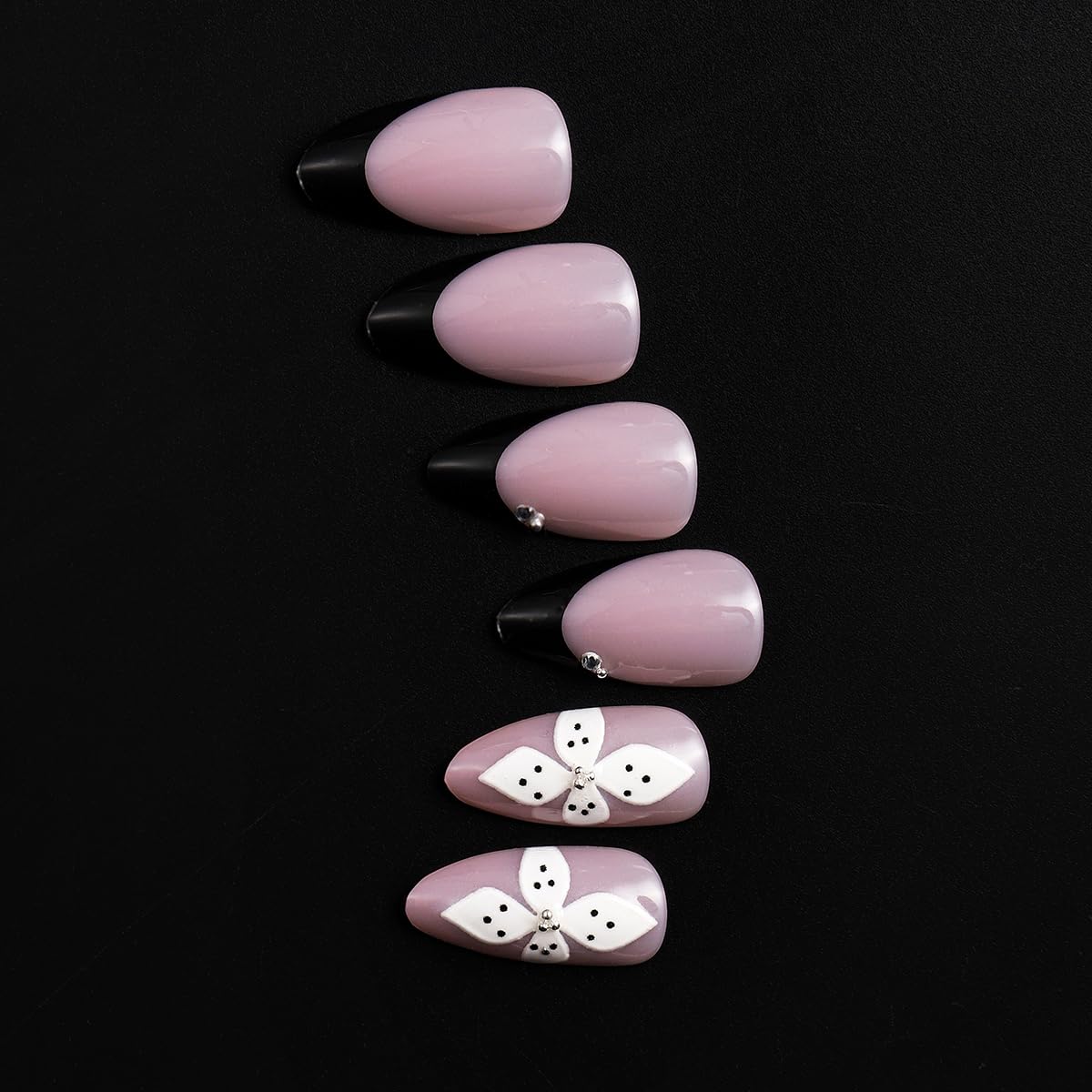 French Tips Press on Nails Medium Almond Nails Press on with 5D Flower Charm Design Glossy Nude Fake Nails Rhinestones Glue on Nail Reusable Fall Summer Nail for Women Manicure 24Pcs