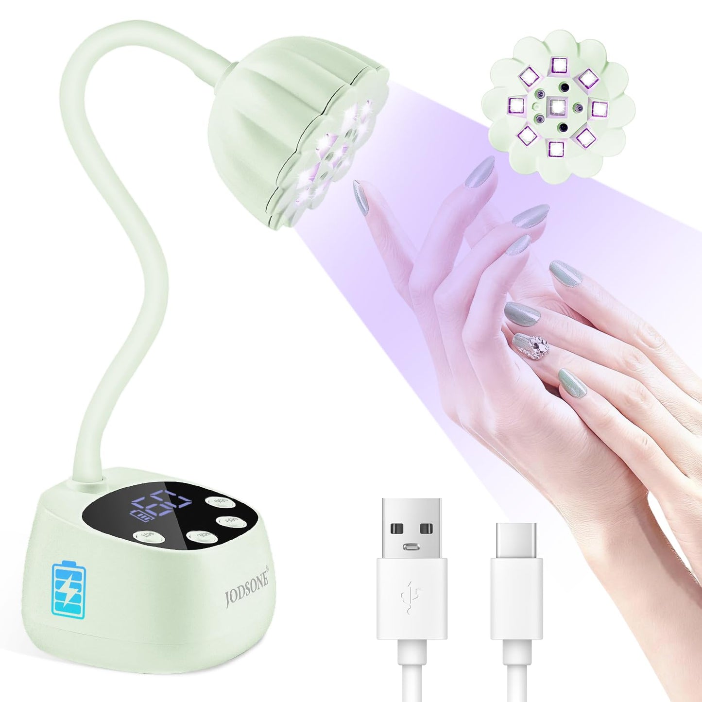 JODSONE Fast Curing U V Nail Lamp - Portable and Flexible Gooseneck Lamp with 360° Adjustable Design, Rechargeable LED Dryer for Gel Polish, Auto Sensor & 4 Timers, Home DIY Manicure Light Mint Green