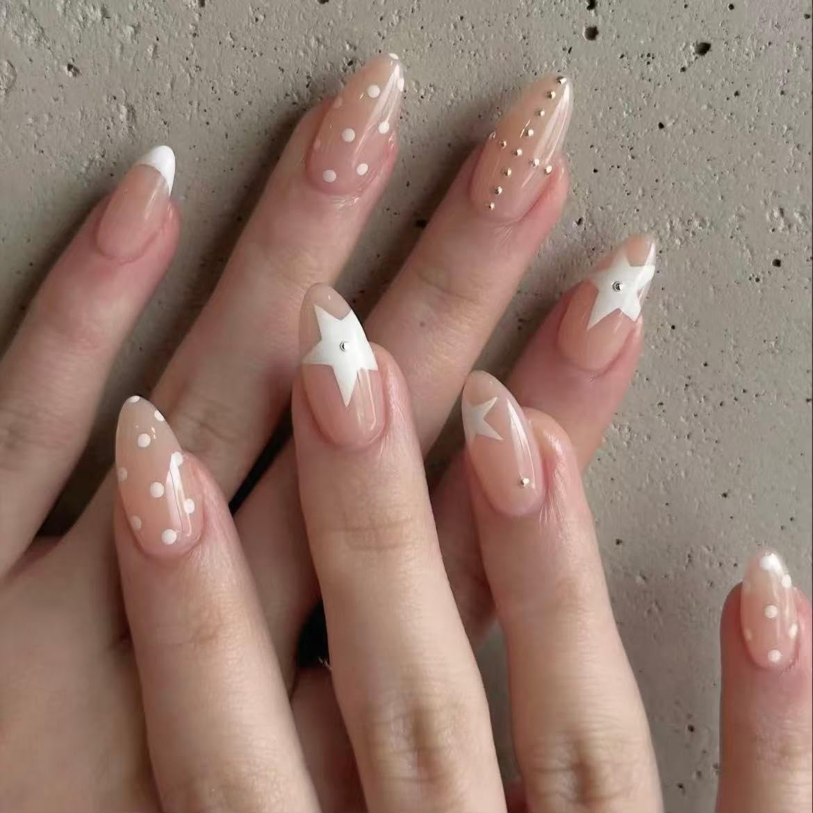 Handmade French Tip Press on Nail Almond Fake ons with Designs Chrome False Nails Long Glossy Full Cover Glue on Nails Stick Women Nails Manicure Decoration 10Pcs (MT-177-M)