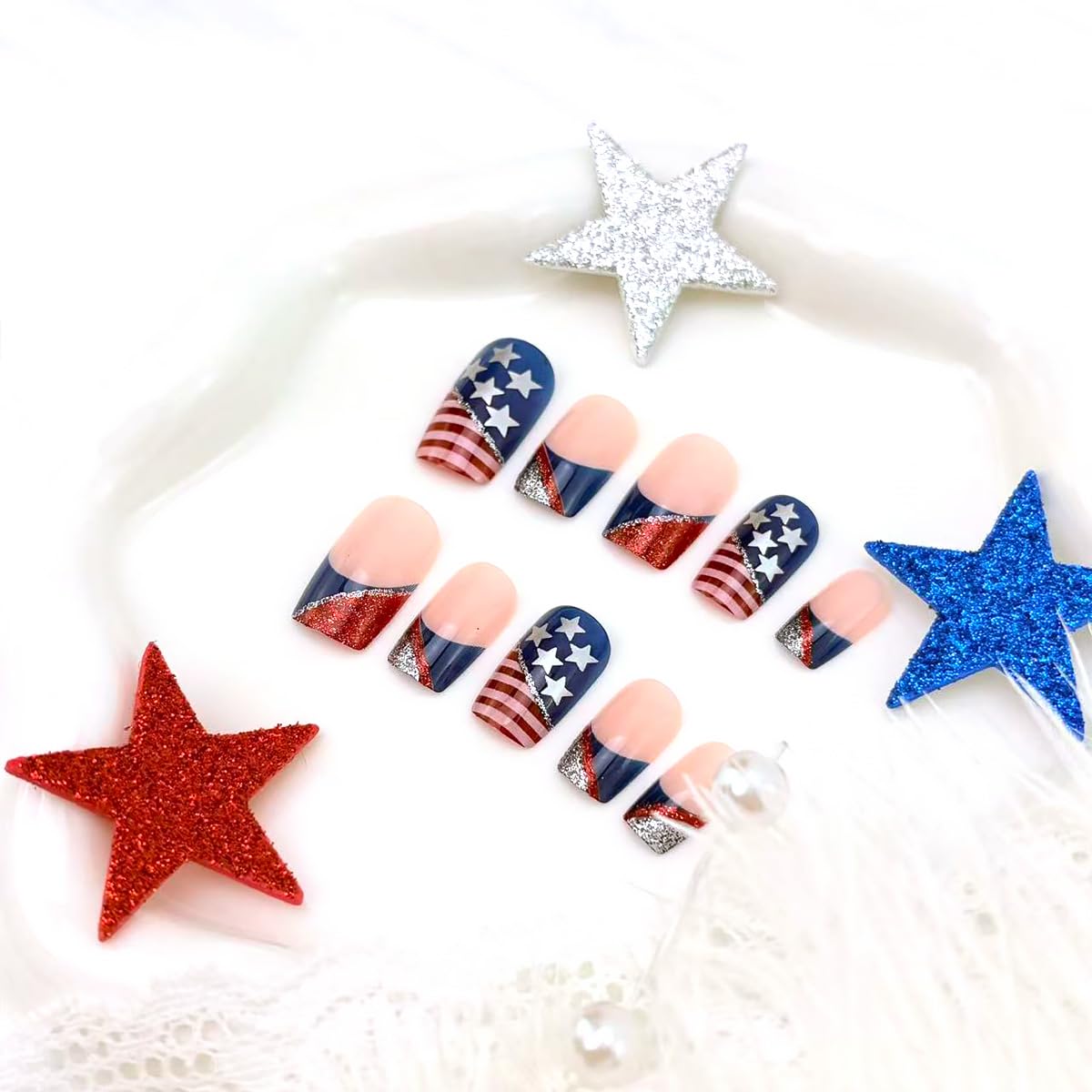 24Pcs 4th of July Press on Nails Short Square French Tip Fake Nails with Red Silver Glitter Design American Flag Star False Nails Independence Day Glue on Nail Full Cover Stick on Nail for Women DIY
