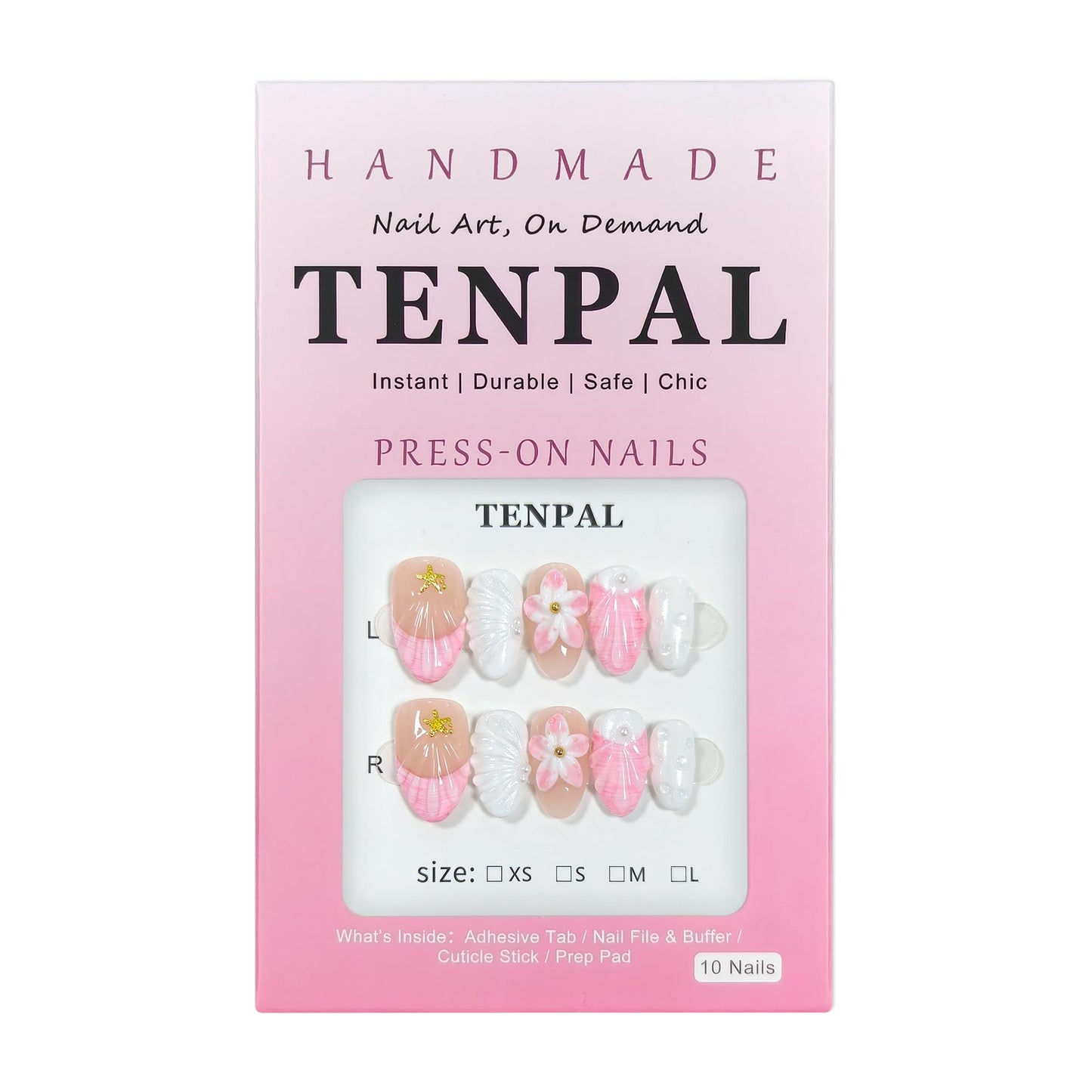TENPAL Mermaid Press on Nails - Pink French Tips with 3D Shell & Pearl, Summer Floral & Handmade, Reusable Short Oval False Nails for Daily Glam(S)
