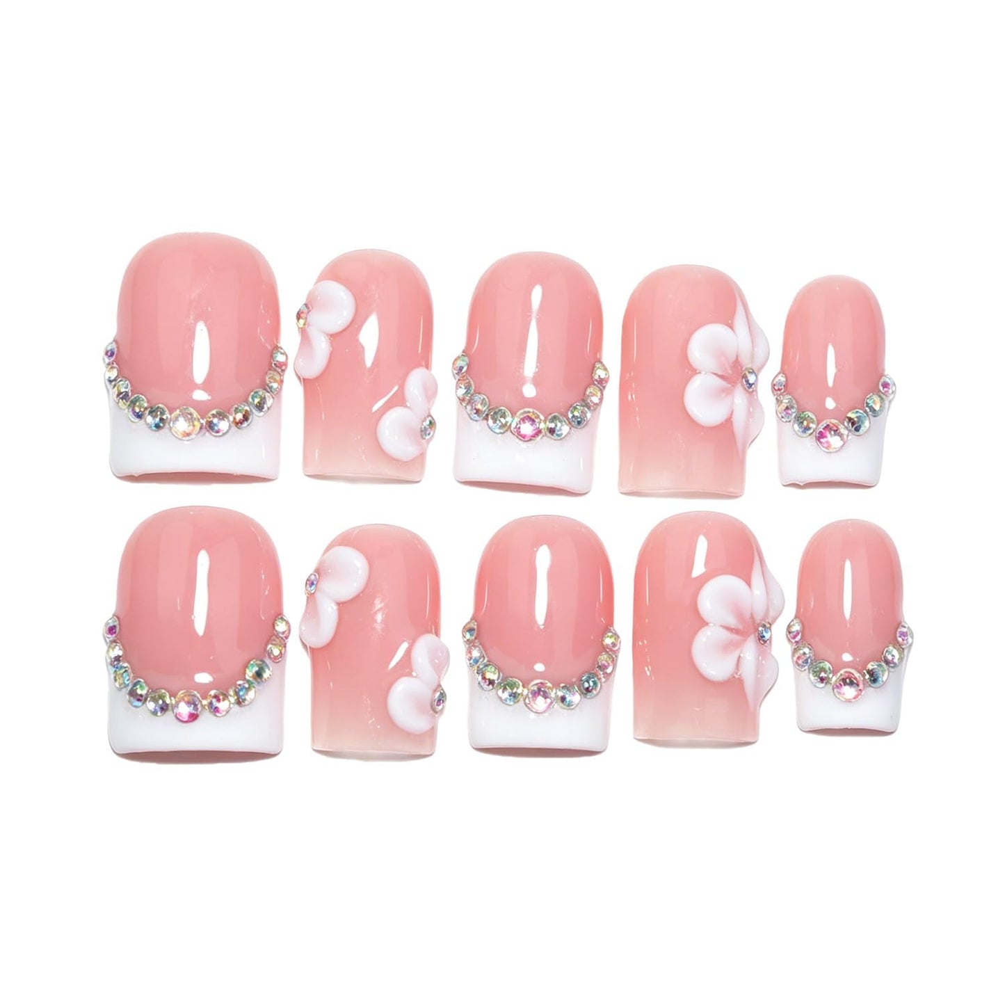 EasierGlow 10 Pcs Handmade Short Square Press On Nails - Easy Apply & Remove, Reusable Salon Quality | Pink White French Press Ons with 3D Flower & Iridescent Rhinestone Chain Accents (EGB01, S)