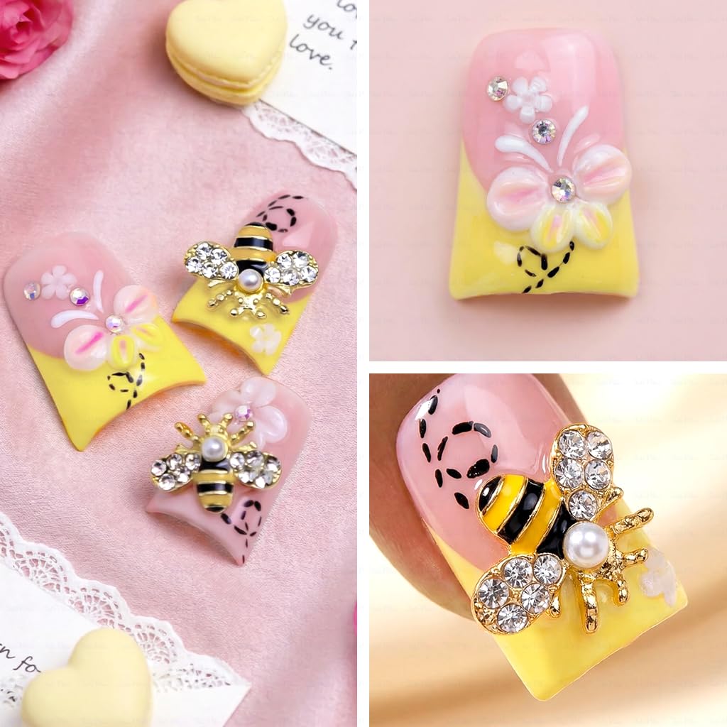 IntoVibes Handmade Short Duck Press On Nails, Precious Bee, 10 Pieces Reusable Acrylic False Nails, Size Small