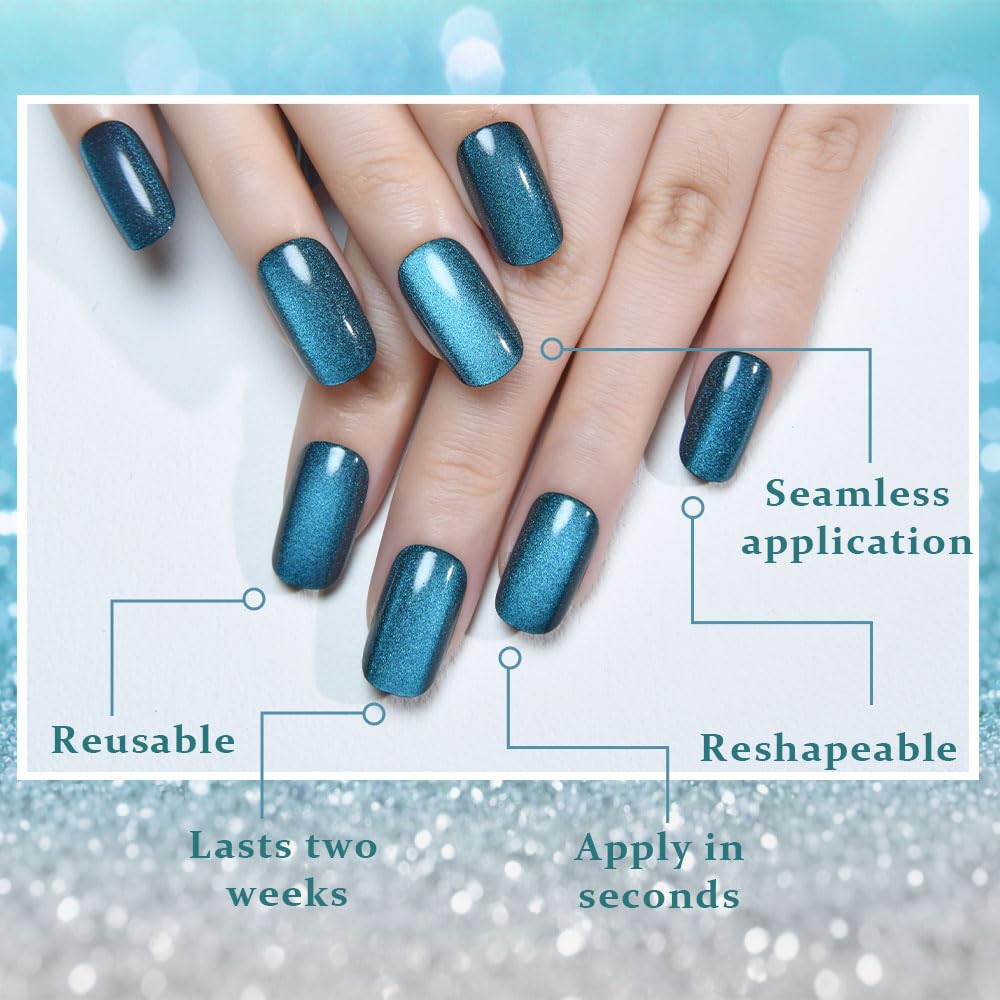 XZMeiLun Cat Eye Teal Green Press On Nails Medium Long Length Square, Designer Reusable Acrylic Fake Nail with 24 ps, Glossy Gel Nails Wedding Party, Stick On Glue On Nail, Nails Press Ons for Women