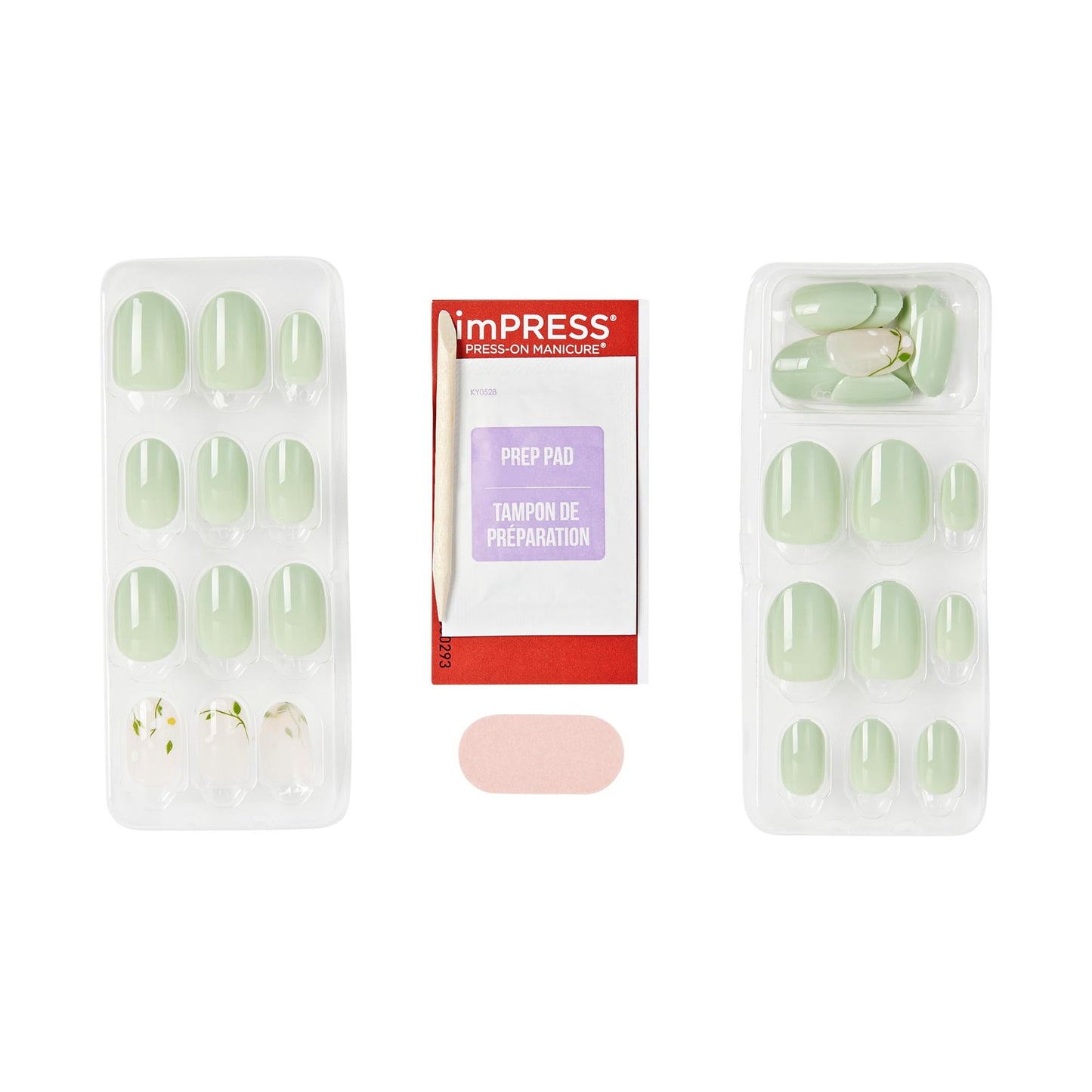 Kiss Impress No Glue Mani Press On Nails, Design, 'Velvet Bunny', Green, Short Size, Oval Shape, Includes 30 Nails, 1 Mini File, 1 Prep Pad, 1 Manicure Stick, Instruction Sheet