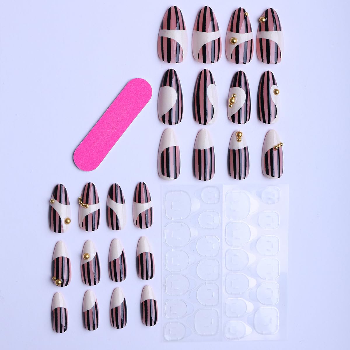 plalely Long Press on Nails Almond, Pink and White Acrylic Press on Nails with Stripes and 3D Gold Designs, Long Almond Nail Tips for Women 24pcs