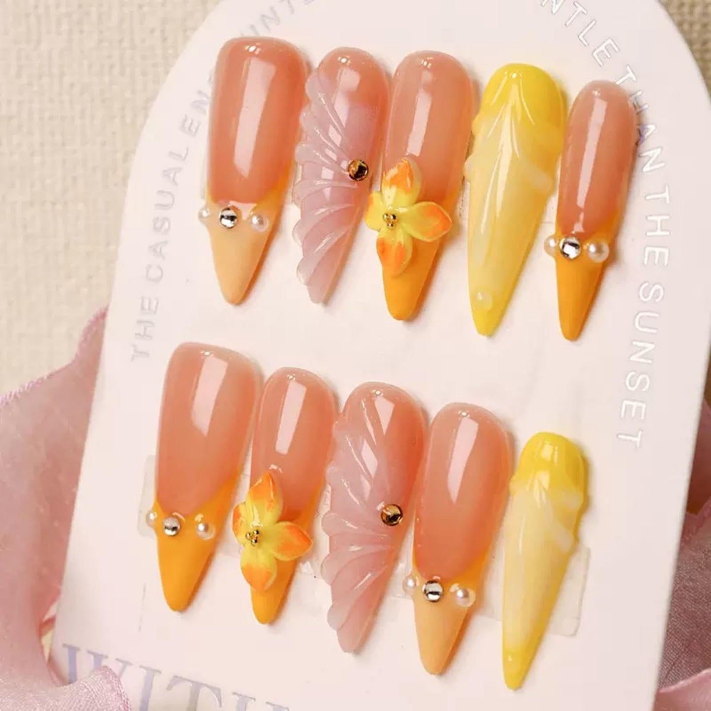 100% 5D Handmade Press on Nails with Charms Long Stiletto Nails Press ons- Water Ripple False Nails Ombre Orange Yellow Press on Nails Summer Fake Nails for Women Girls Daily Wear DIY Manicure Size M