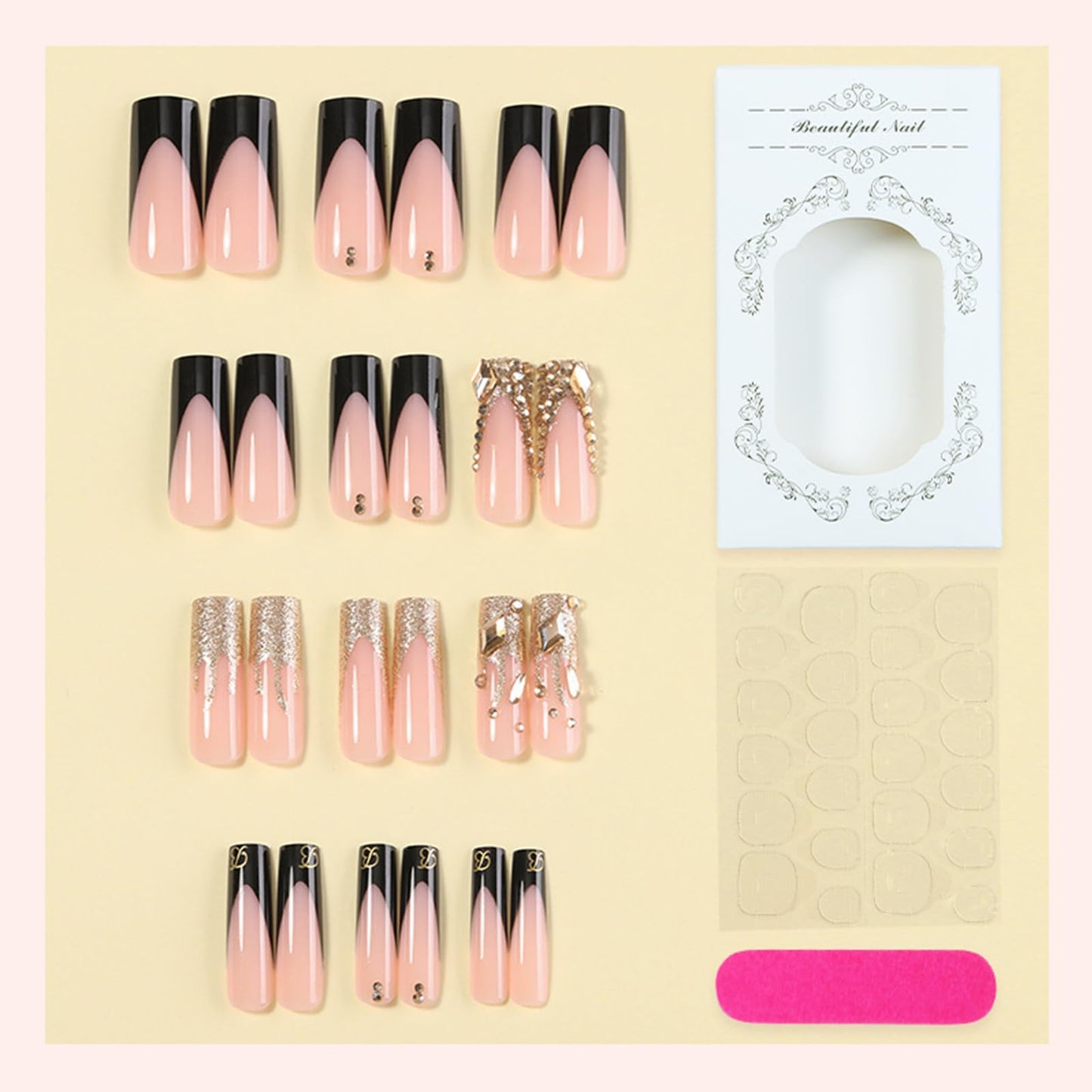 Black Gold French Tips Press on Nails, Long Square Fake Nails with Nude Base, Gold Glitter False Nails Rhinestone Fake Nails, Luxury Reusable Stick on Artificial Fingernails for Women Gift