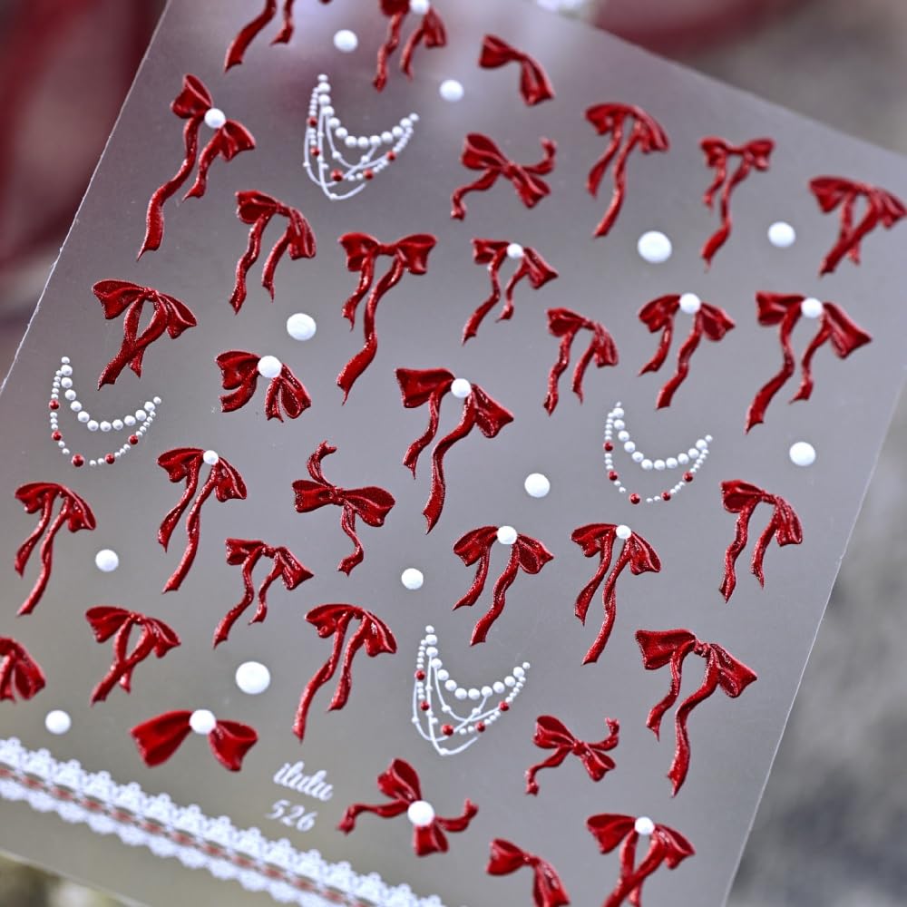 Bow Nail Stickers 5D Embossed Red Bowknot Nail Art Stickers 3D Self-Adhesive Laser Ribbon Nails Supplies White Bead Necklace Nail Decals Stickers Cute Nail Designs for Women DIY Manicure 1 Sheet