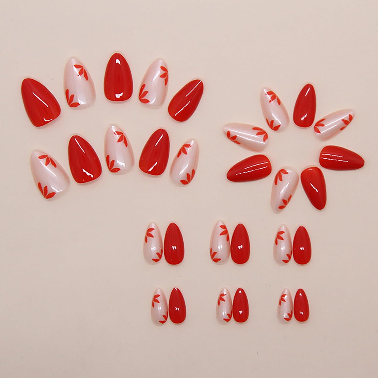 Short Almond Press on Nails Oval Red Pink Flower Fake Nails Press ons Acrylic Nails False Glossy Christmas Artificial Full Cover Stick on Nails for Women Girls 24 Pcs