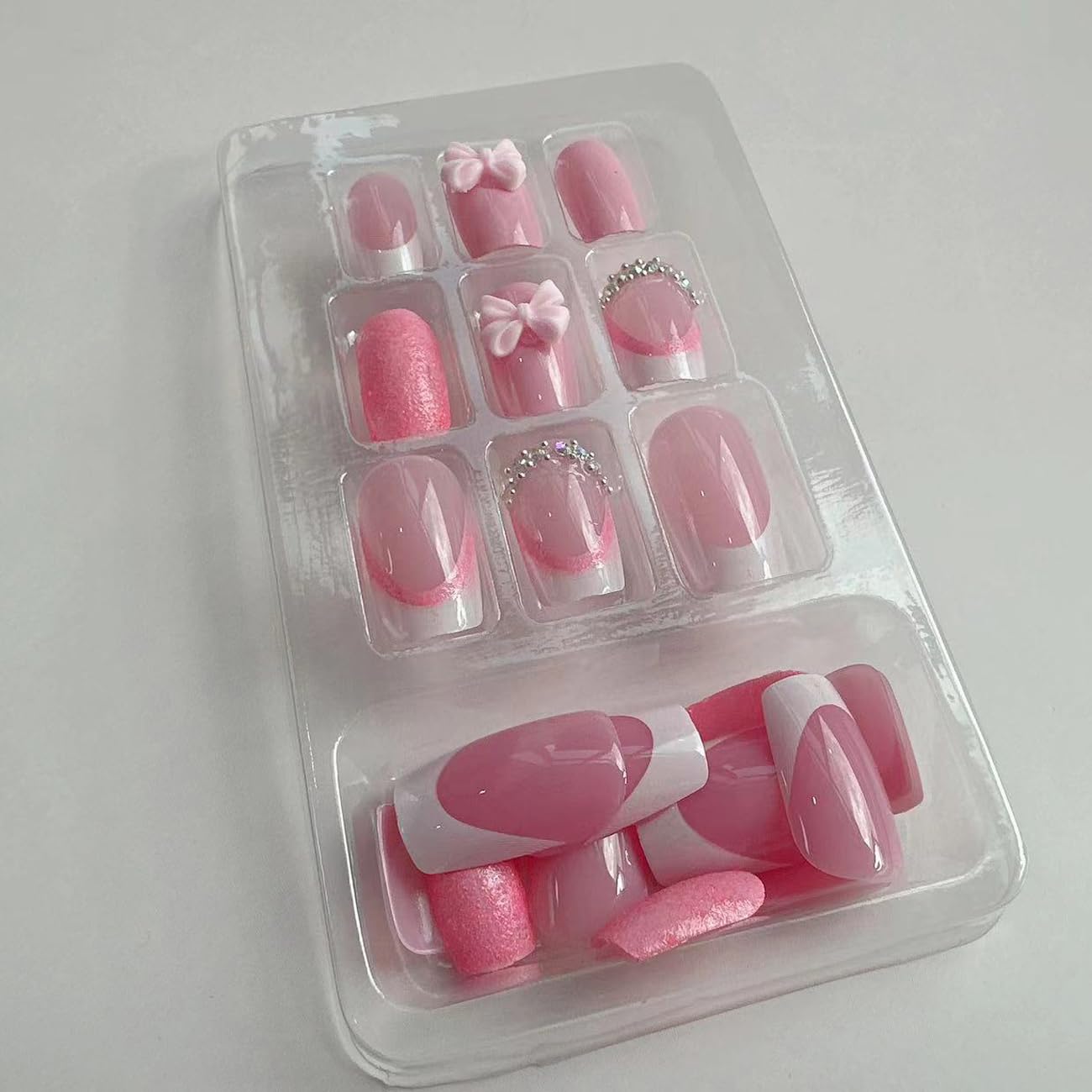 French Tip Press on Nails with Charms Short Fake Nails, French Nails Press ons Cute Pink Bow Stick on Nails Medium Square Shape Glossy Sparkly Full Cover Glue on Nails for Women Daily Wear 24 pieces