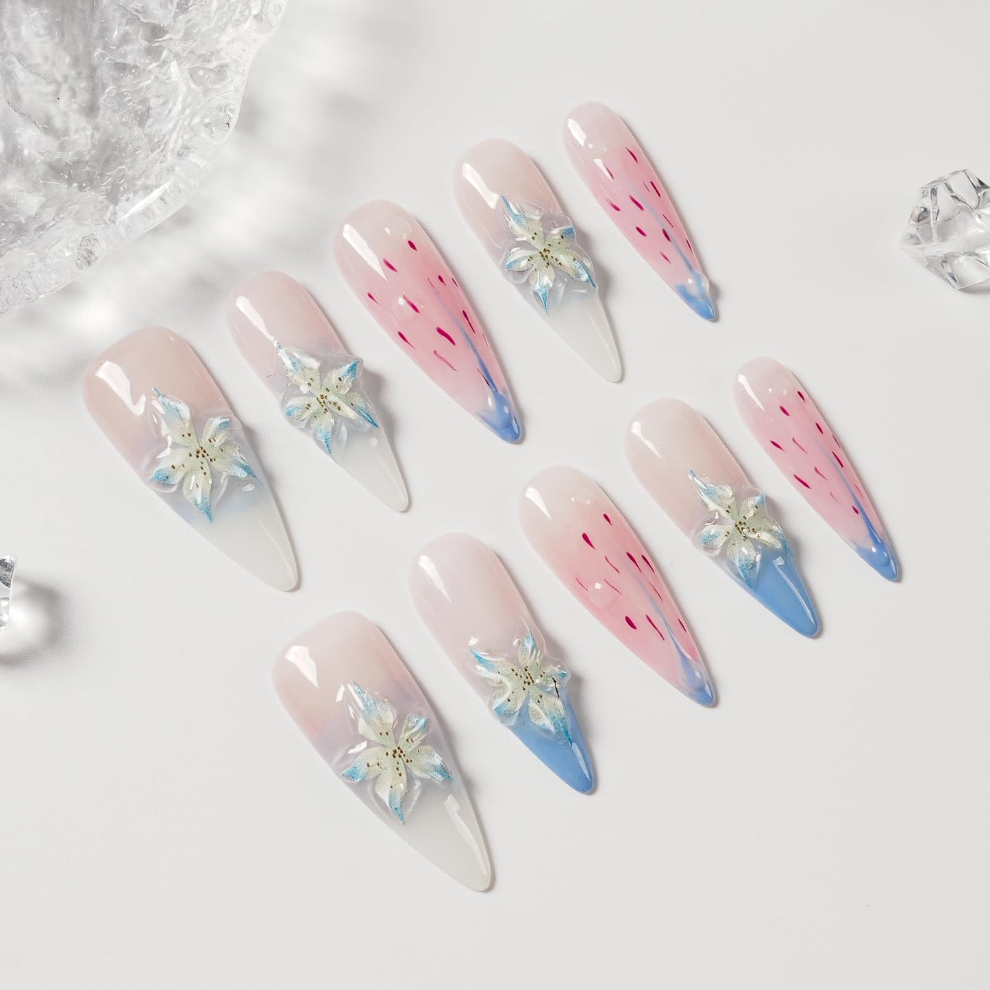 Tesytto 3D Floral Press On Nails Long Stiletto Fake Nails – Elegant Handmade Ombre Nail Art with Lilies Flowers Designs, Multi-Layer Gel Reusable Acrylic Nails for Women (3D Lily Ombre, S)