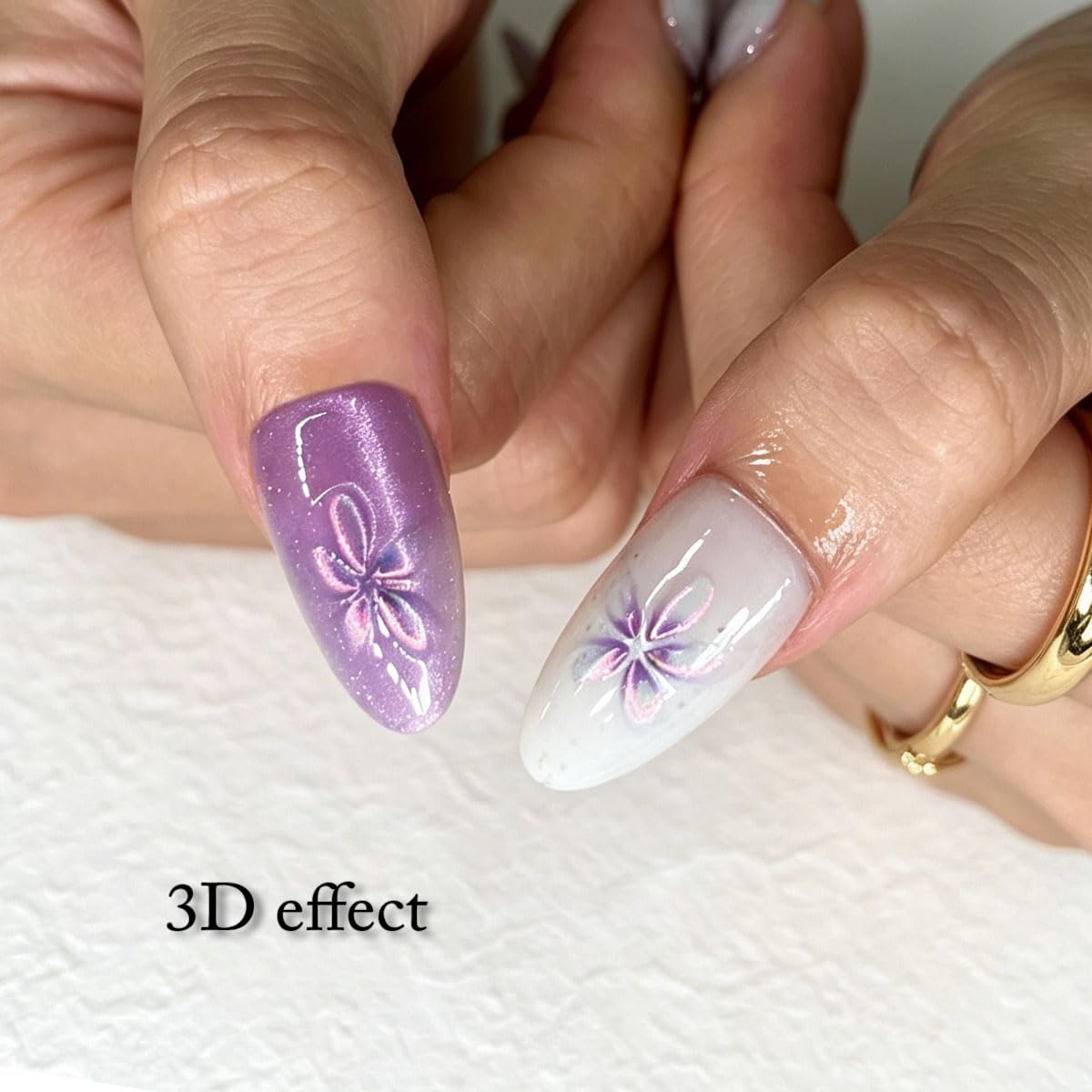 3D Press On Nails Almond Medium Light Purple Fake Nails with Cat's Eye Embossed Flower Summer Designs, Acrylic Artificial Nail Press ons False Stick On Nails for Women Girls 30Pcs