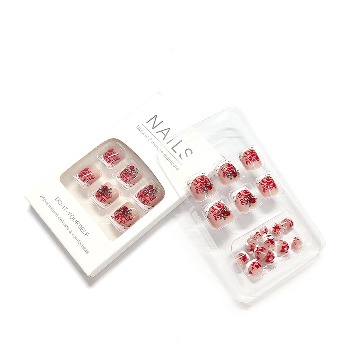 24Pcs French Tip Press on Toenails Short Square Fake Toe Nails with Bloody Designs 3D Spider False Toenail Glue on Nails Halloween Acrylic Nail Press on Spider Rhinestones Stick on Nails for Women