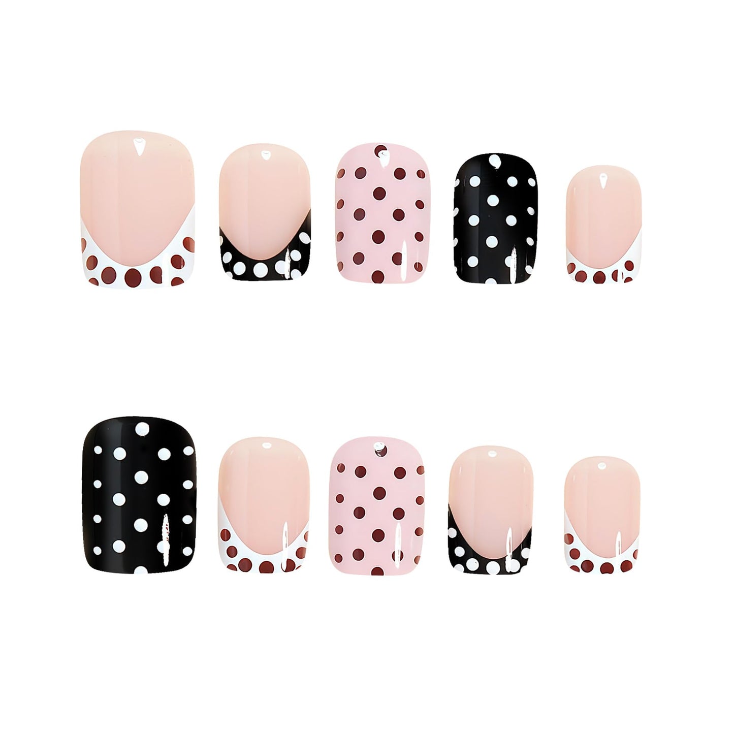 Polka Dot Press on Nails Short Square Fake Nails French Tip False Nails Cute Polka French Acrylic Nail Glossy Full Cover Glue Stick on Nail for Women Manicure 24Pcs