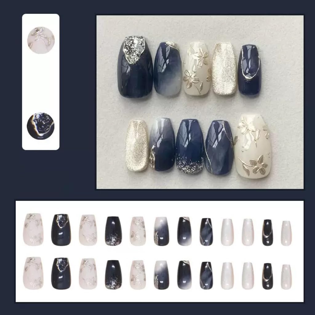 Medium Press on Nails Coffin - Silver Flower Fake Nails with Embossed Design - Blue Ombre Full Cover Stick on False Nails - for Women 24 Pcs