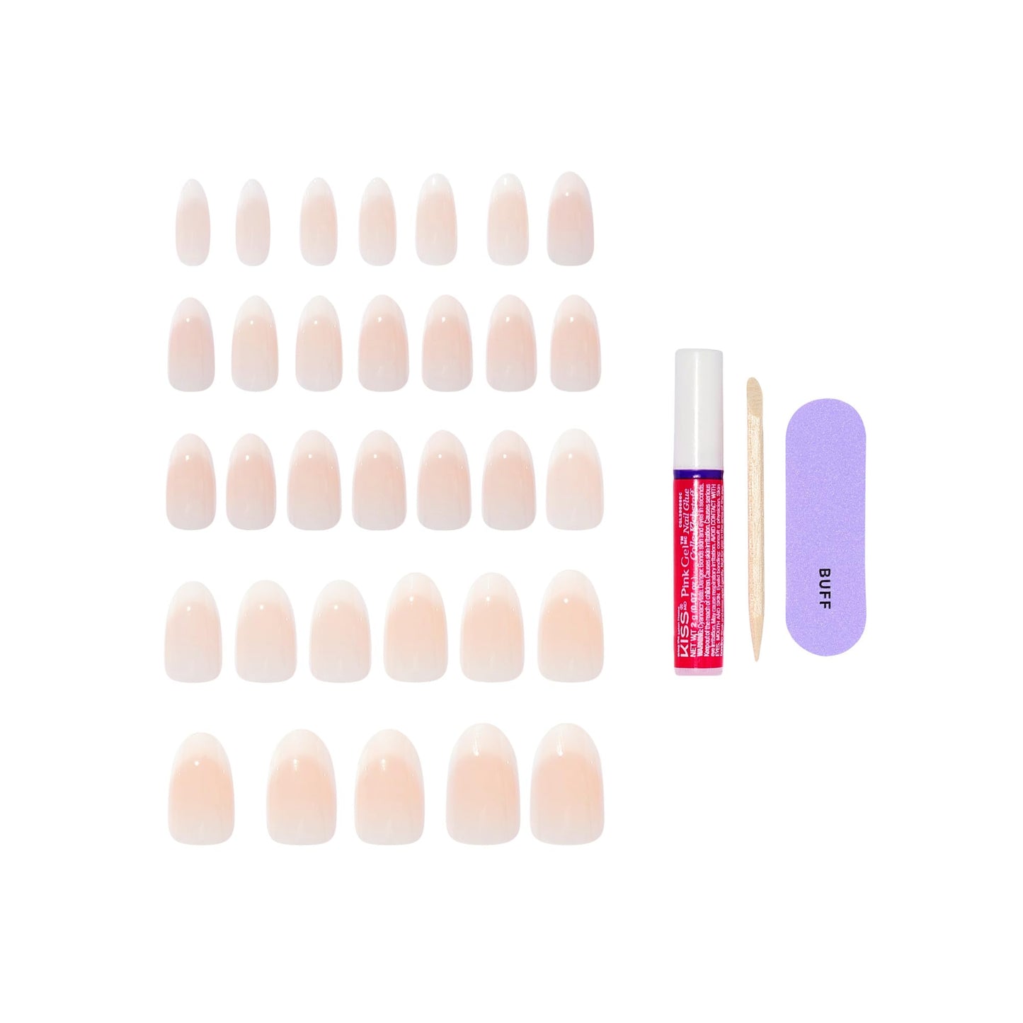 Kiss Core, Press On Nails, Nail glue included, 'Burble', Pink, Medium Size, Almond Shape, Includes 32 Nails, 2g Glue, 1 Manicure Stick, 1 Mini File