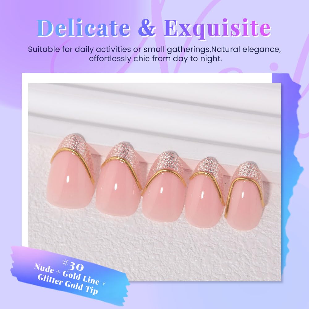 evpct French Tip Press On Nails Short Almond, Nude Pink + Gold Line & Gold Glitter Tips, Short Almond Fake False Press on Nails, Reusable Gel Stick on nail Press ons with Nail Kit, Salon Quality
