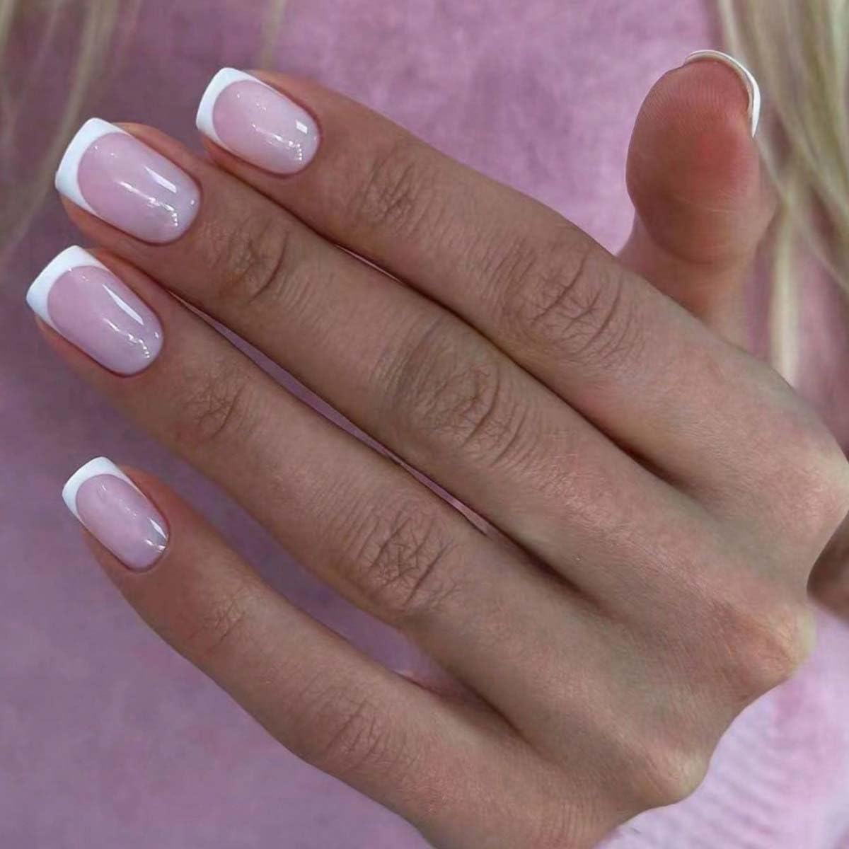 24 Pcs Classic Press on Nails Short Square White French Tip Fake Nails Press ons Nail Tips, LINMEIZAI Glossy Stick on Nails Acrylic Nail Kit with Nude Pink Design False Nails Nail Art for Women