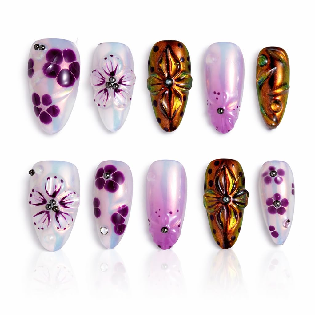 IntoVibes 10 Pieces Handmade Press On Nails Medium Almond, Purple Thickened False Nails With Floral Decoration, Reusable Fake Nails Almond, Reusable Acrylic Nails (S)