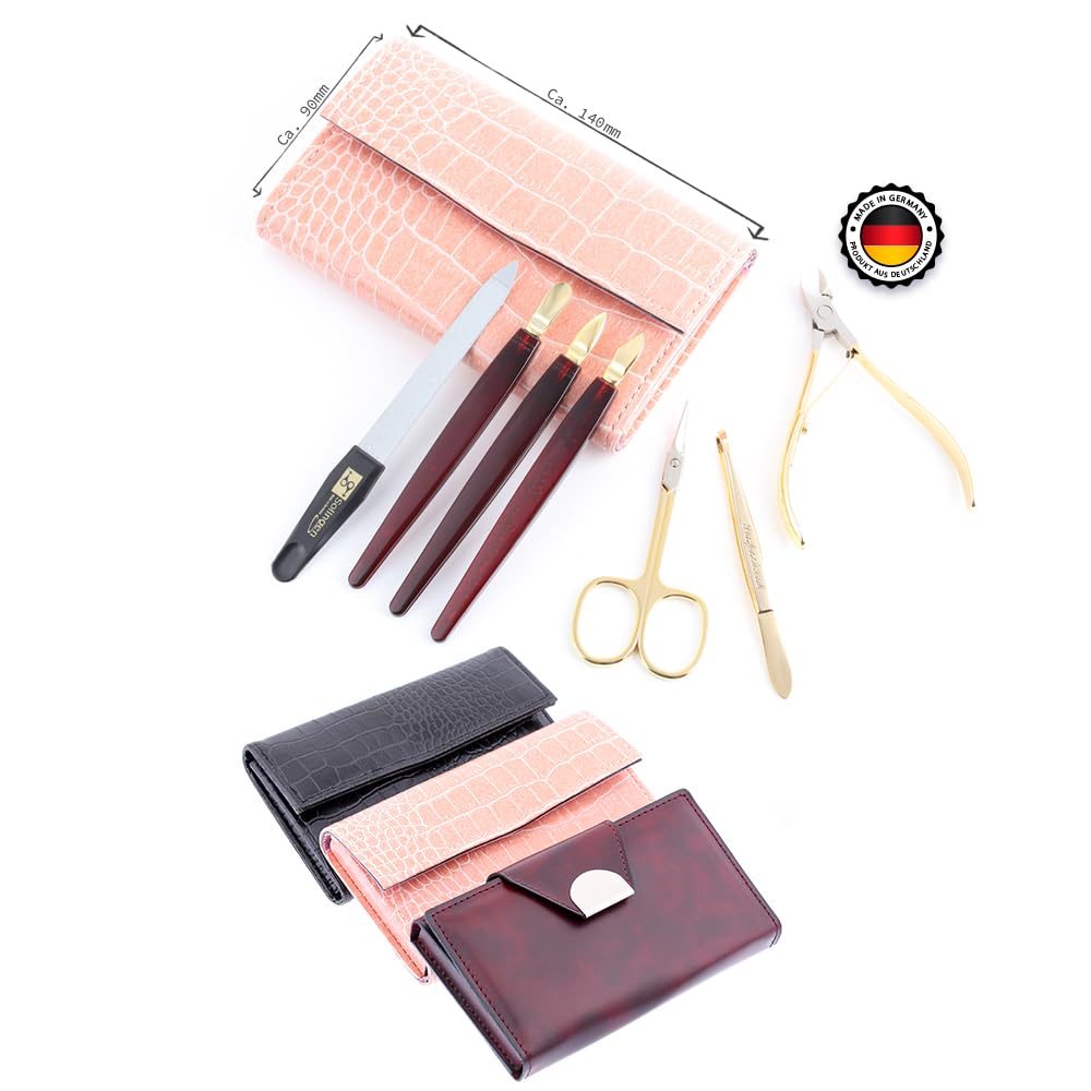 Tarko Solingen Professional Nail Kit Manicure Set, 7 Pcs Nail Care Kit with Luxury Leather Carry Case - Professional Finger Nail Care for DIY & Manicure Saloon (Pink)