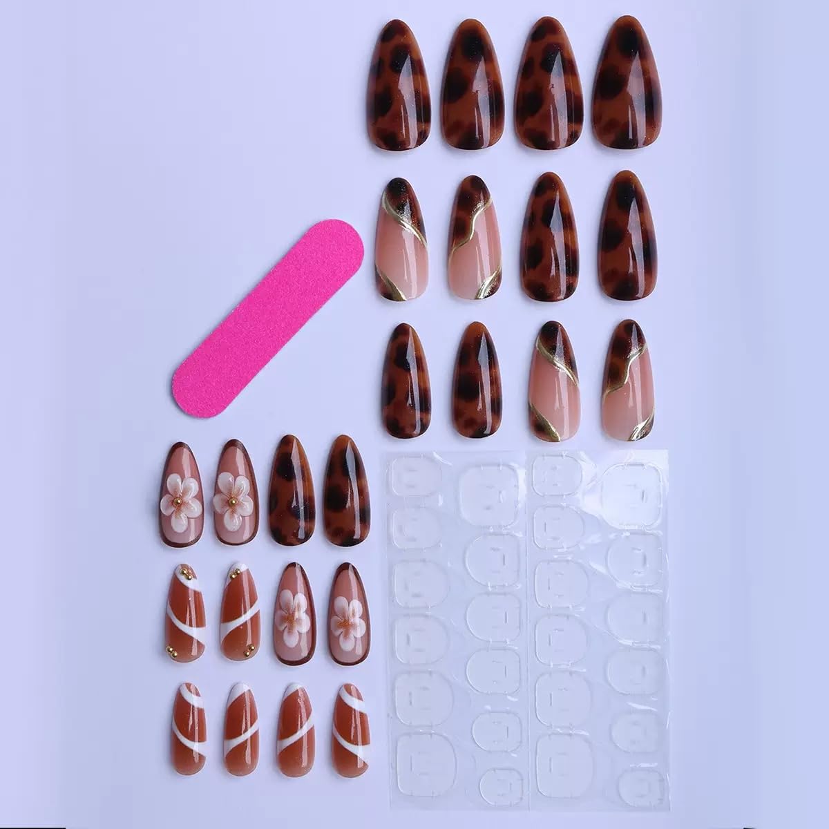 Medium Press on Almond Nails - Brown Fake Nails with Flower Design - Leopard Print, Ombre False Nails - for Women 24 Pcs